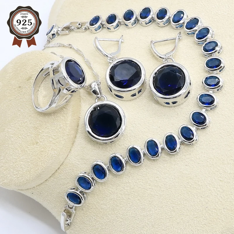 

Round Dark Blue Zircon 925 Sterling Silver Jewelry Set for Women with Bracelet Earring Necklace Pendant Ring Gift Box