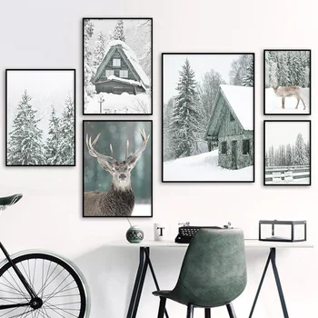 

Alps Snow Mountain Scene House Deer Tree Nordic Posters And Prints Home Art Canvas Painting Wall Pictures For Living Room Decor