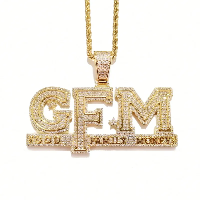 Iced Out Letters Pendant Necklace New Arrival God FAMILY MONEY AAA Zircon Men's Charms Necklace Hip Hop Jewelry - Окраска металла: Золотой цвет