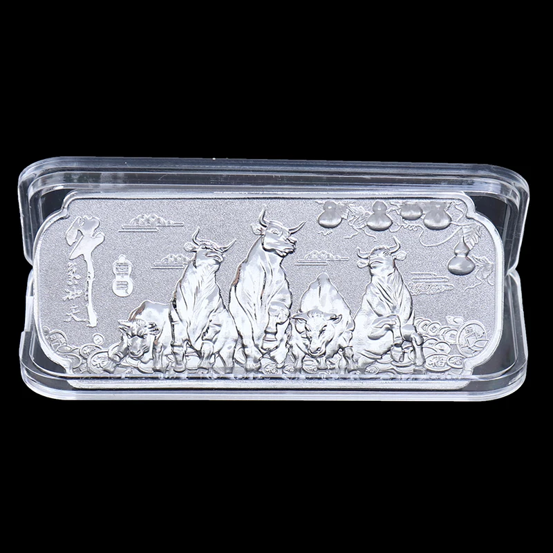Silver 2021 New Year of the Silver Bars Ox Commemorative Coin Craft Chinese Zodiac Souvenir Medal 3cm x 7cm