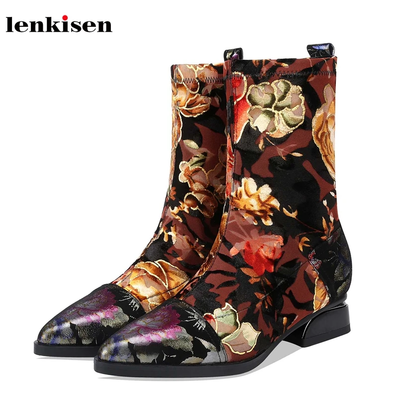

Lenkisen gorgeous print sheep suede stretch boots pointed toe med heels winter fashion warm soft cozy women mid-calf boots L23