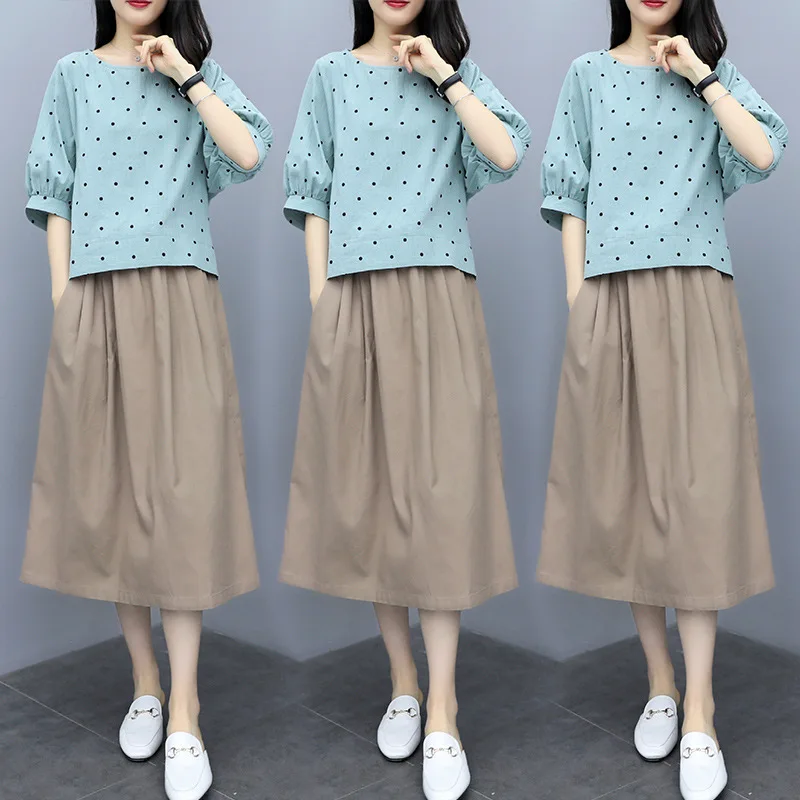 

2019 Summer Wear New Style Large Size Dress Fat Mm Slimming Cotton Linen Large Size T-shirt + Medium-length Dress Two-Piece Set