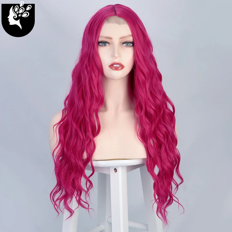 

Long Light Hot Pink Body Wavy Middle Part Hair Wig Heat Resistant Synthetic Wig For Women Natural Wave Hair Cosplay Lolita Wigs
