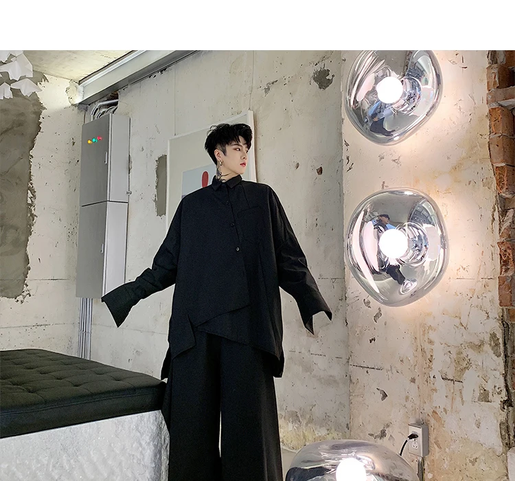 Men Oversized Long Sleeve Asymmetric Design Loose Black White Shirt Male Japan Streetwear Hip Hop Gothic Casual Shirts