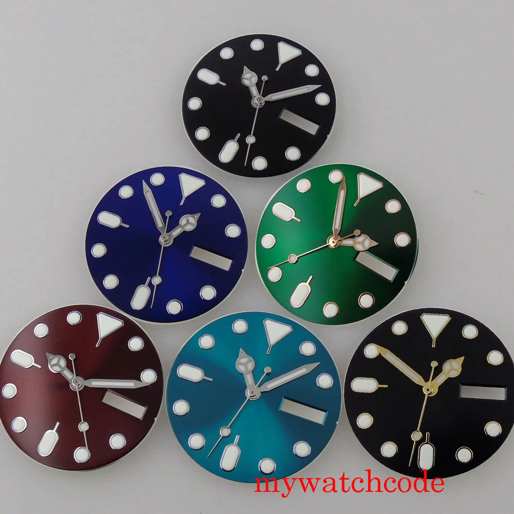 

28.5mm Watch Dial+Hands Black/Blue/Green Color With Date Window For 24 Jewels NH36A Automatic Movement Luminous Marks