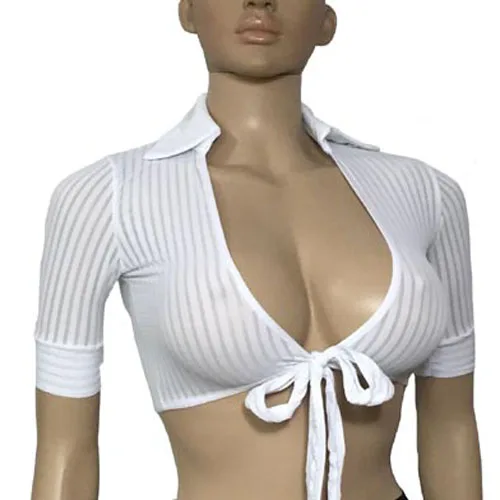white crop top Сексуальный костюм эластичный Блестящий Полосатый укороченный топ и мини-юбка фантазия ролевые игры стюардесса Офис девушка Фетиш белье - Цвет: white crop top