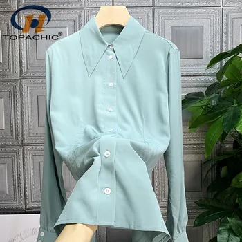 

4.13 2020 Spring Summer New Women Single Breasted Long sleeve Turn-down collar Solid Temperament Blouse