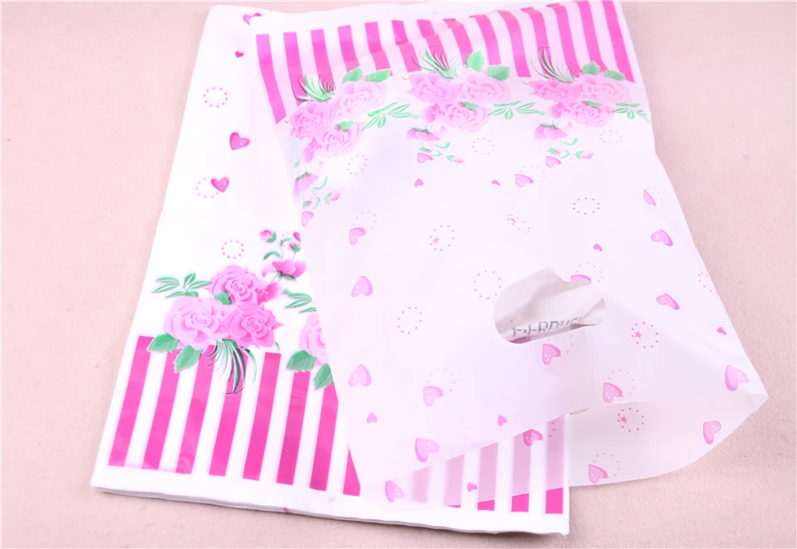 birthday gift bags New Plastic Shopping Bags With Pink Lovely Rose Heart Flower Wholesale 100pcs/lot 25*35cm Sachet Cadeau bubble wrap roll