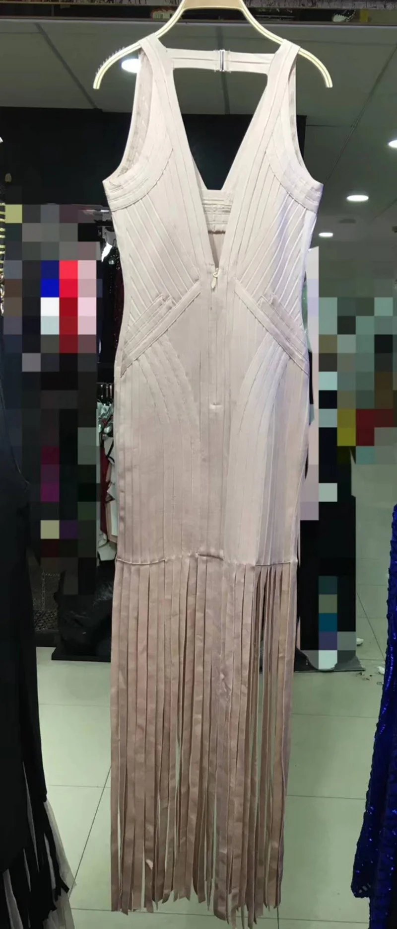 Elegant Beige Tassel Maxi Bandage Dress Long Newest Sleeveless V Neck Sexy Evening Celebrity Party Dresses Vestidos Festa