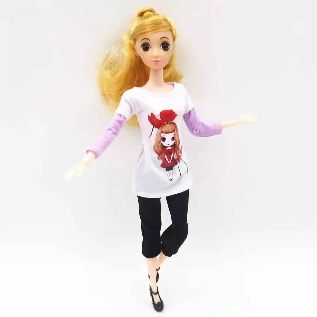Fashion Cartoon Girl Long Sleeve Shirt Top Trousers 1/6 BJD Doll Clothes Set For Barbie Accessory Outfits Kid Dollhouse Toy Gift kpop women fashion crocodile texture waist belt pin buckle jeans pant trousers waistband casual pu leather waist strap accessory