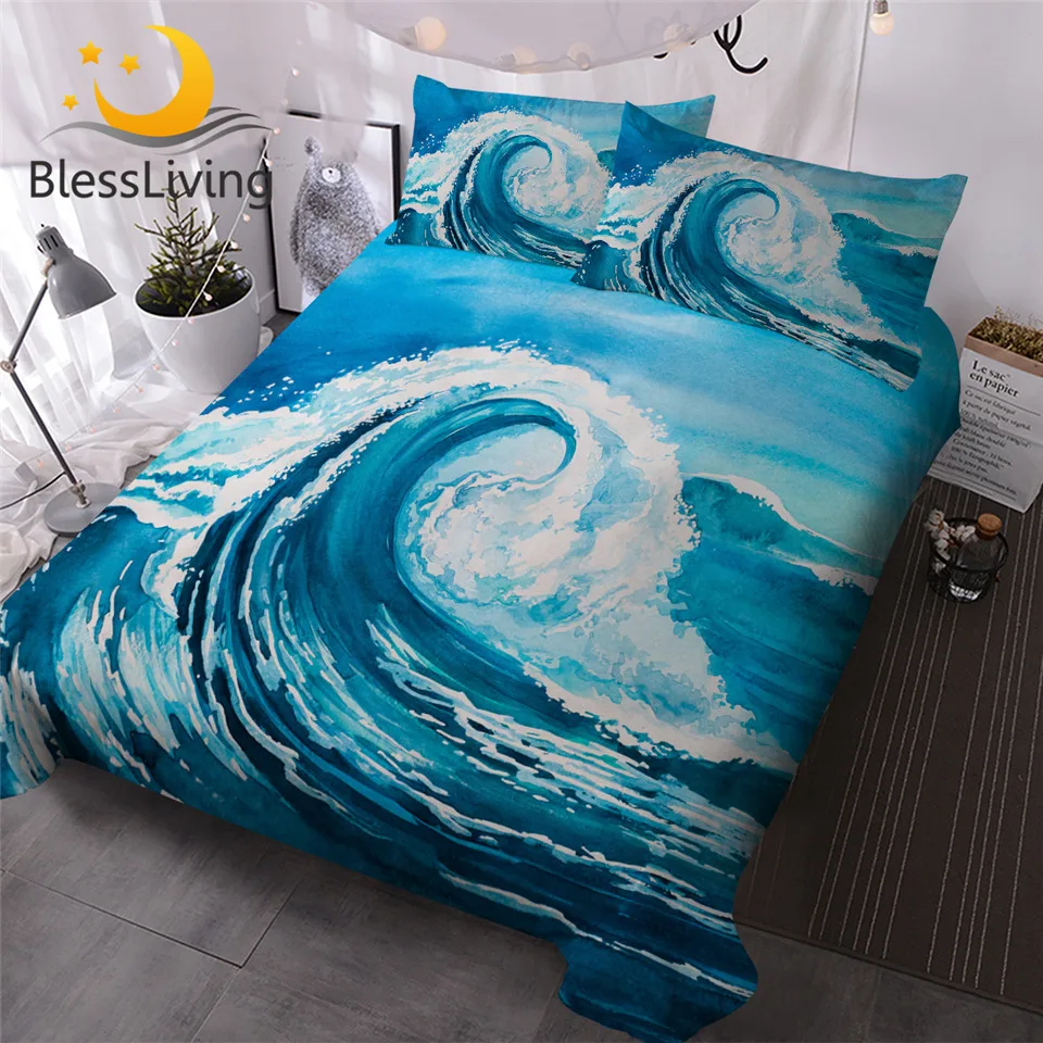 

BlessLiving Watercolor Wave Bedding Set Ocean Theme Duvet Cover 3 Pieces Billow Blue Bedspreads Queen Sea Vivid Home Textiles