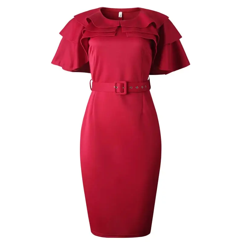 MISSJOY/однотонное женское обтягивающее платье vestidos, женская одежда для офиса, новинка года, осенние элегантные вечерние платья с рюшами, с рукавом, с красным разрезом, карандаш - Цвет: Red