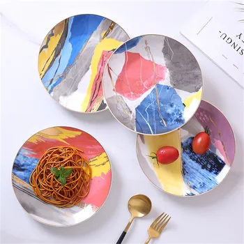 

Ceramic Steak Plate Breakfast Tableware Pastry Fruit Cake Dinnerware Painting Gold Inlay Colorful Cloud Snack Dessert Plate