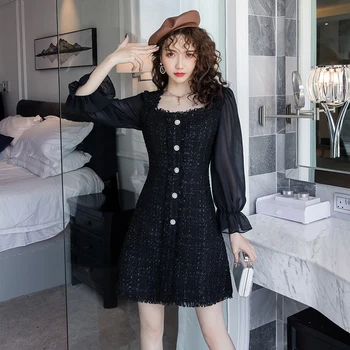 

Fashion 2020 spring new Korean version of the square collar French small fragrance wind retro waist tweed skirt