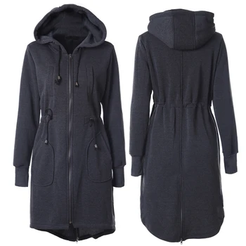 

Winter Women Long Sleeve Hooded Sweatshirt Long Coat Drawstring Waist Warm Thicken Zipper Outerwear Hoodies Jacket Female Coats