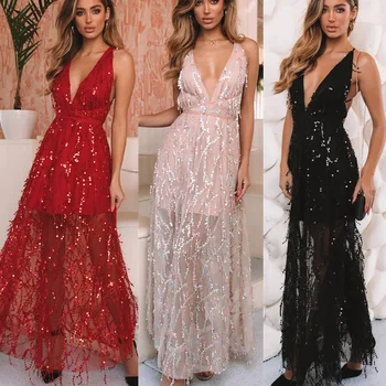 

robe ceremonie femme Women sexy backless v neck sequined maxi dress sukienka red frocks party night dinner dresses for women