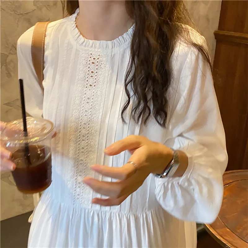 O-Neck Lantern Sleeves Loose Lace Solid Dress