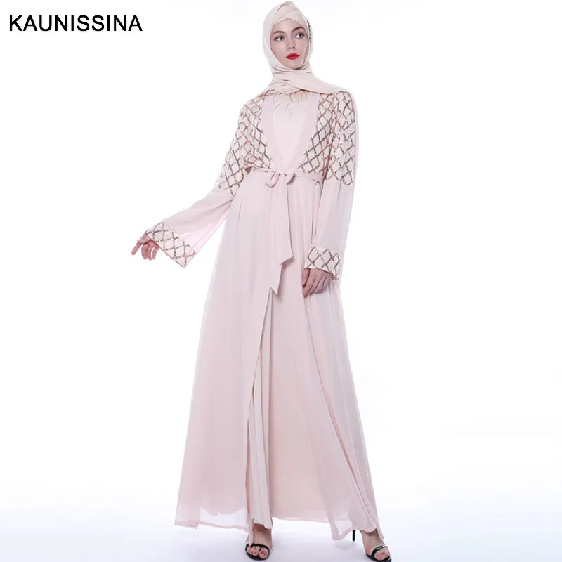Pink KAUNISSINA женские мусульманские платья элегантная Коктейльная халат из шифона с блестками в стиле пэчворк, длинные платья кимоно длинный Восточный халат для вечеринки, выпускного вечера - Цвет: Pink