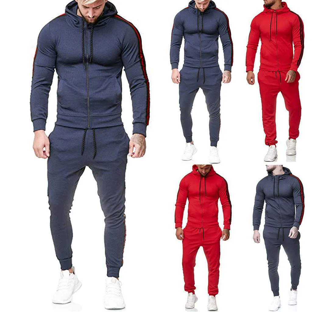

New Men Sets Hoodies+Sweatpants Sporting Mens Autumn Splicing Zipper Print Sweatshirt Top Pants Sets Sport Suit Tracksuit M-2XL