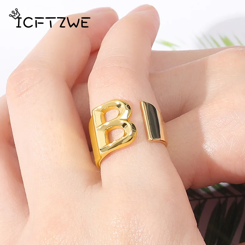 Fashion Adjustable Open Gold Initial Rings For Women Stainless Steel A-Z Letter Ring