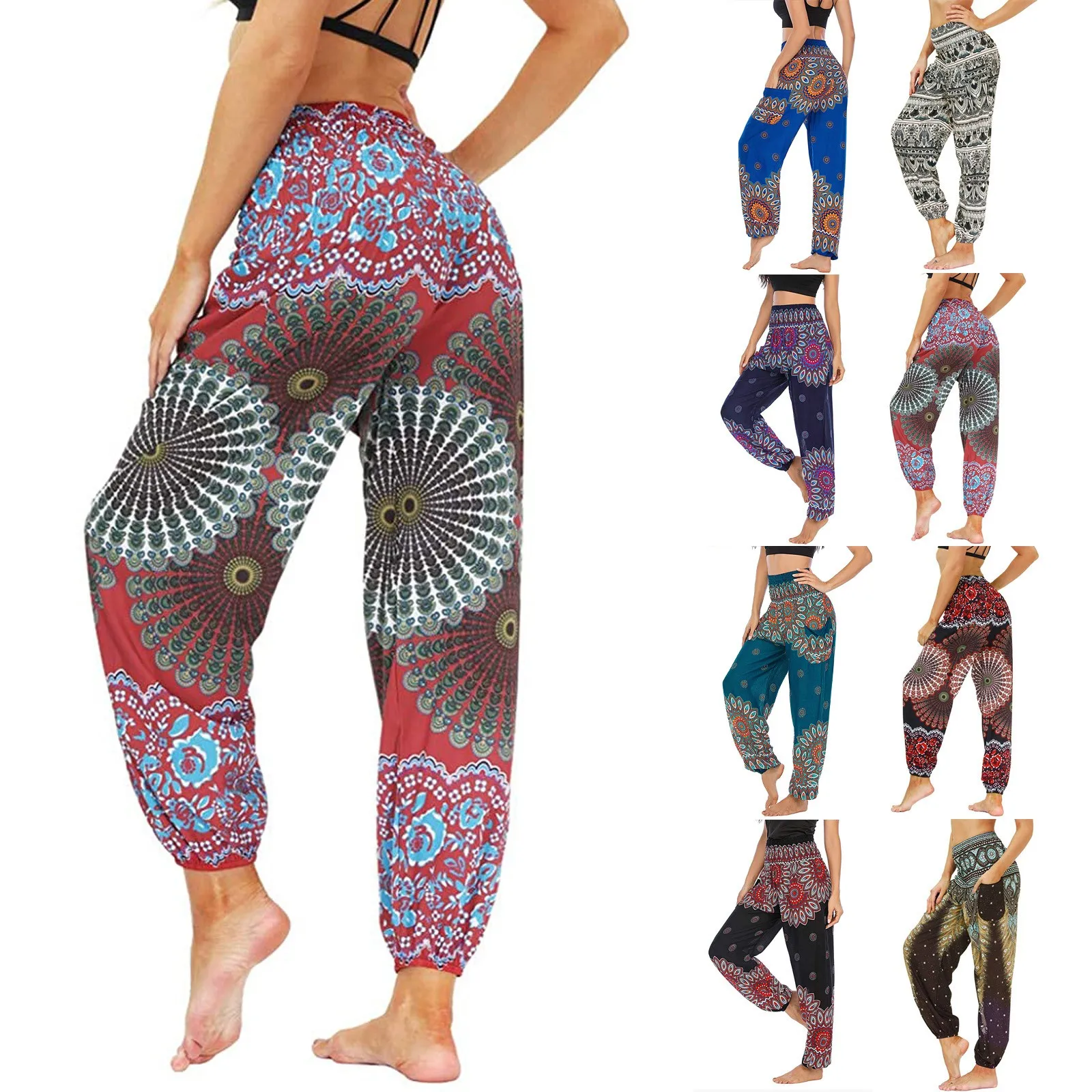 2021 Casual Baggy Bohemian Floral Print Long Pants Women's Casual Fashion Summer Ethnic Print Loose Harem Pants Trousers 1
