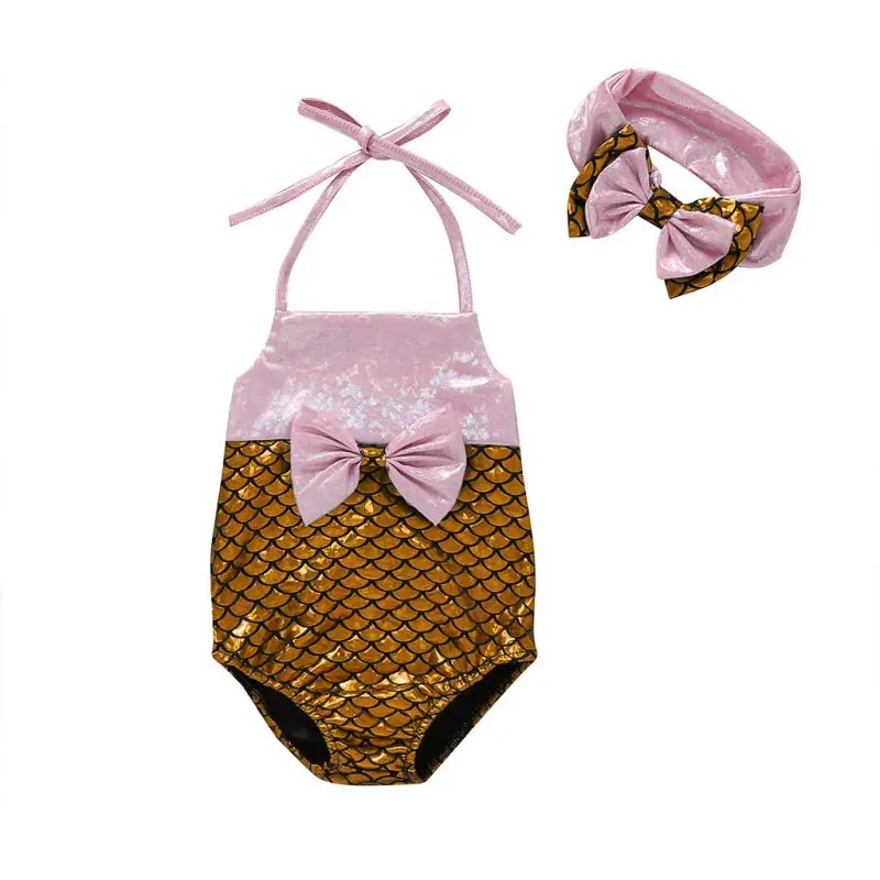 

0-3T Children's Swimsuit Cute Fish Scale Print Bow Sleeveless Bodysuit Hair Band Two-Piece Girls Swimming Swimwear