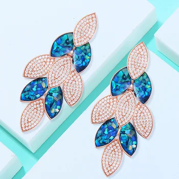 

Brand Blue Shell Leaf Large Pendant Earrings Full Mirco Paved Microl Zirconia Copper Earrings For Women Fashion Jewelry 2020