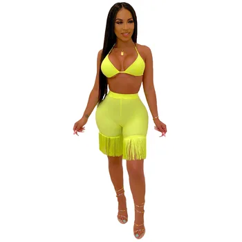 

Summer Autumn Women Two Piece Set Top and Pants Plus Size Tracksuit Sweatsuit Outfit Solid Beach Bikini Sets Tassel