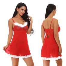 Сексуальное нижнее белье Санта-Клауса, Рождественская Ночная сорочка с лямкой на шее, красный комплект одежды для сна, Рождественский костюм для костюмированной вечеринки, сексуальное нижнее белье