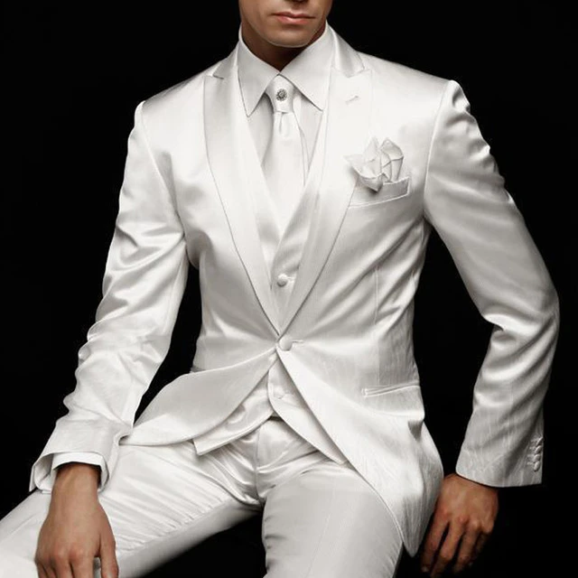 Traje de boda blanco hombre, esmoquin ajustado para de graduación, traje de satén de 3 piezas, pantalones, chaleco, Blazer, 2021|Trajes| - AliExpress