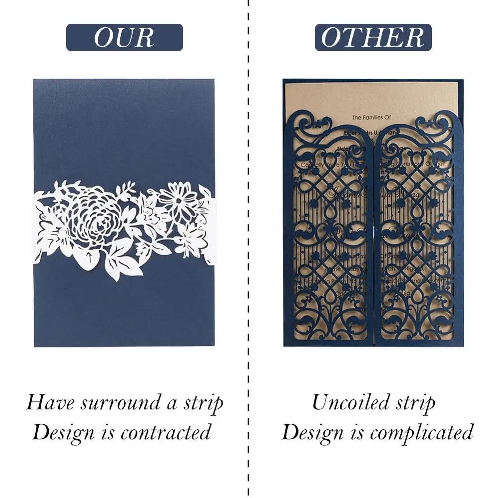  OurWarm 10Pcs Laser Cut Flower Wedding Invitations with Envelopes Pocket Invites Navy Blue Tri-Fold - 4000409661828