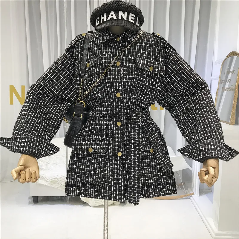 Autumn New Vintage Women's Single-breasted Wool Coat Casual Female Plaid Tweed Woolen Jacket Loose Outwear