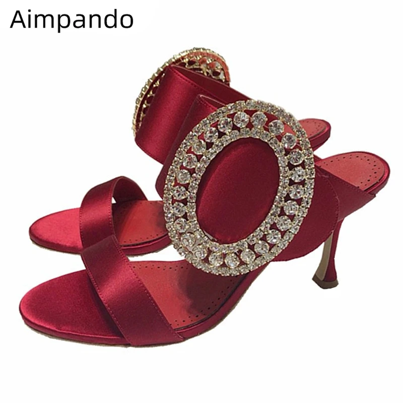 

Elliptical Rhinestone Buckle High Heel Shoes Woman 10cm Thin Heels Luxury Satin One-strap Mixed Color Slippers Women