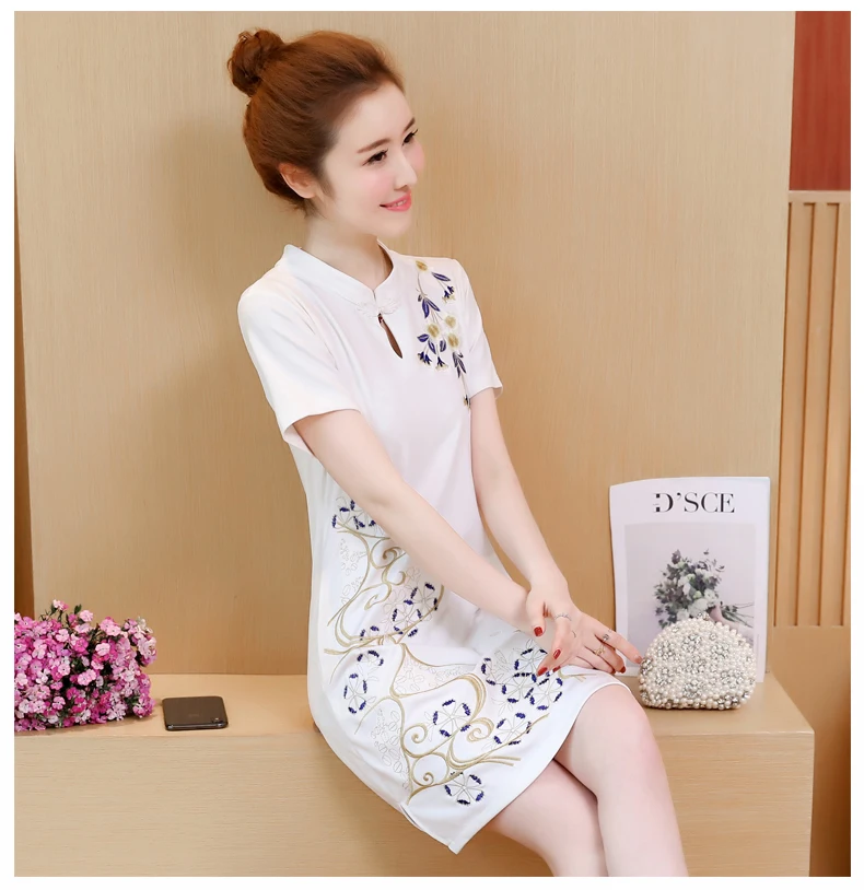 Стиль женское платье улучшенное Cheongsam воротник стойка короткий рукав вышитое Ретро китайский стиль этнический стиль полное тело