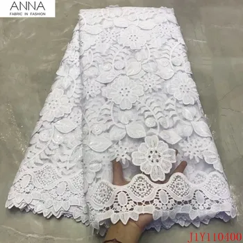 

Anna pure white nigerian net lace african tulle fabric embroidery with sequins 5 yards/pcs french mesh laces fabrics for wedding