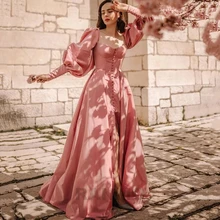 

RANMO 2021 Elegant A Line Pink Taffeta Evening Dresses Puff Long Sleeves Sweetheart Buttons Slit Prom Special Occasion Gown