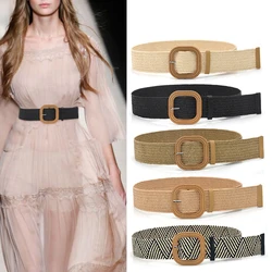 Summer Women Elastic Woven Belt Square Buckle Vintage Boho Straw Belt Dress Belt