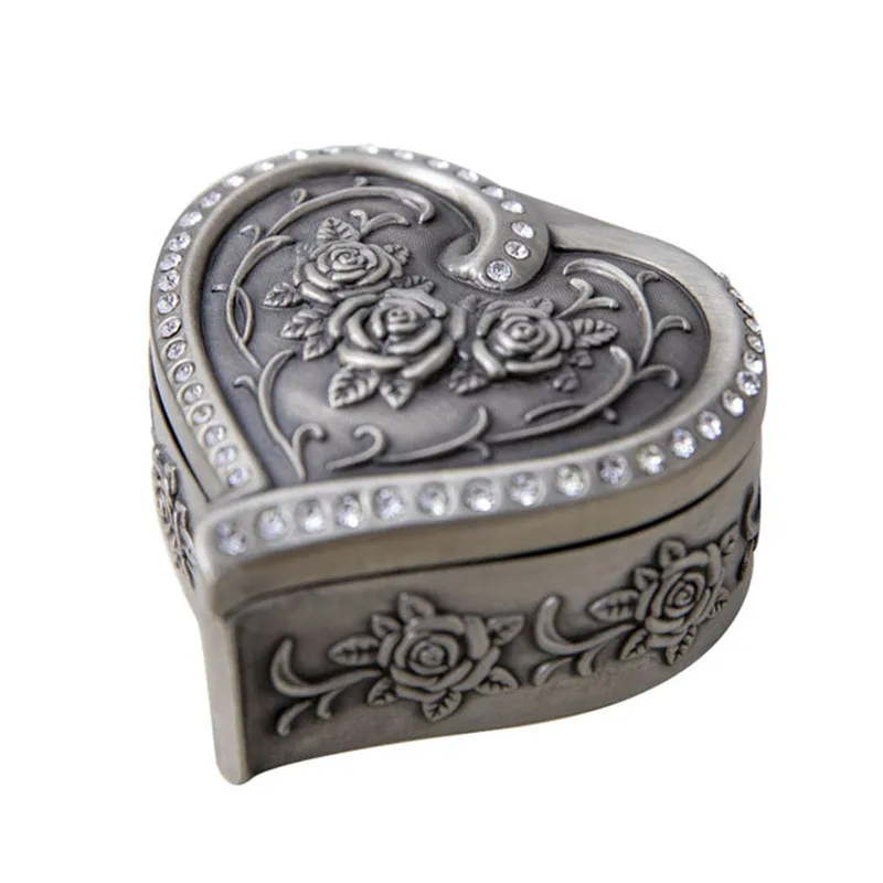 Vintage Rose Flower Style Inlaid zircon Antique Women Trinket Heart-shaped Jewelry Gift Box Necklace Earrings Ring Storage Case