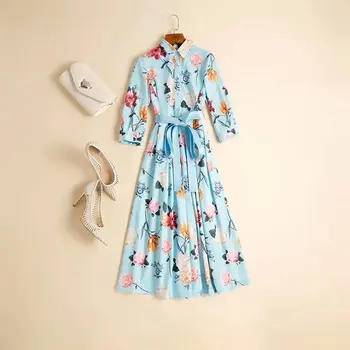 

New European and American women's dresses for spring 2020 Seven - cent sleeve lapels Rose printed lace-up Fashionable dress