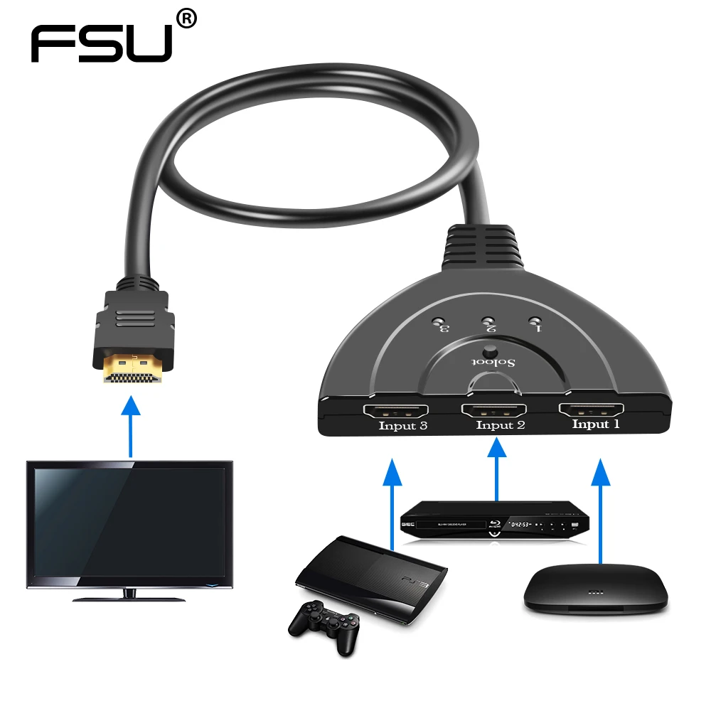 FSU HDMI переключатель Дубликатор концентратор 3 порта 1080P в 1 коммутатор сплиттер с