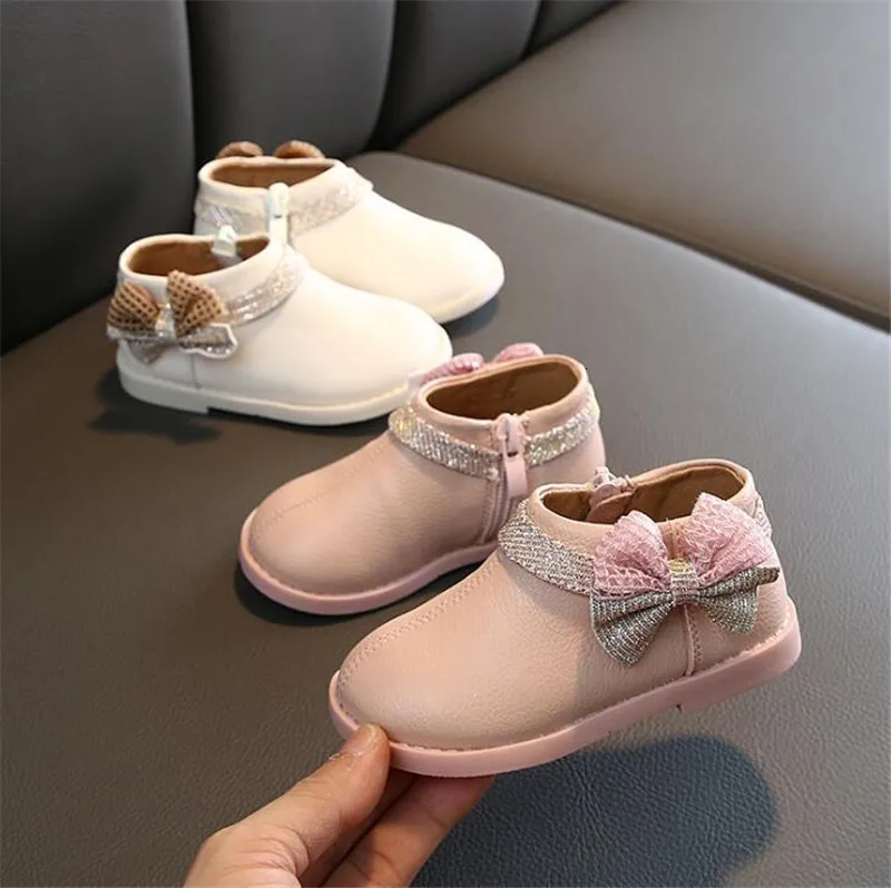 Chaussures beige pour bébés filles | Chaussures de princesse roses en cuir PU avec nœud papillon, chaussures de fête pour enfants de 1-6 ans