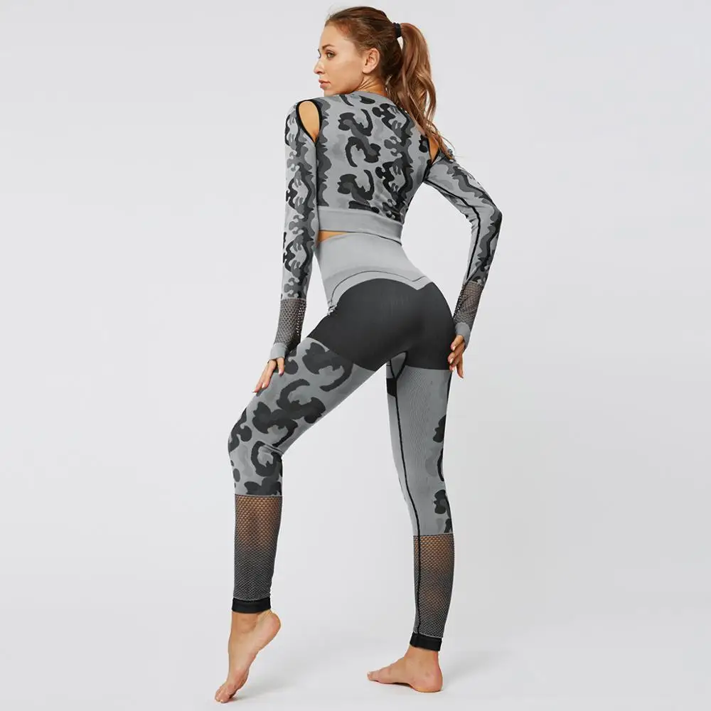 Спортивный бесшовный комплект для фитнеса, йоги, камуфляжная одежда для тренировок, дышащая Спортивная одежда для женщин, леггинсы с длинным рукавом, комплект для йоги, 2 шт - Цвет: Gray Set