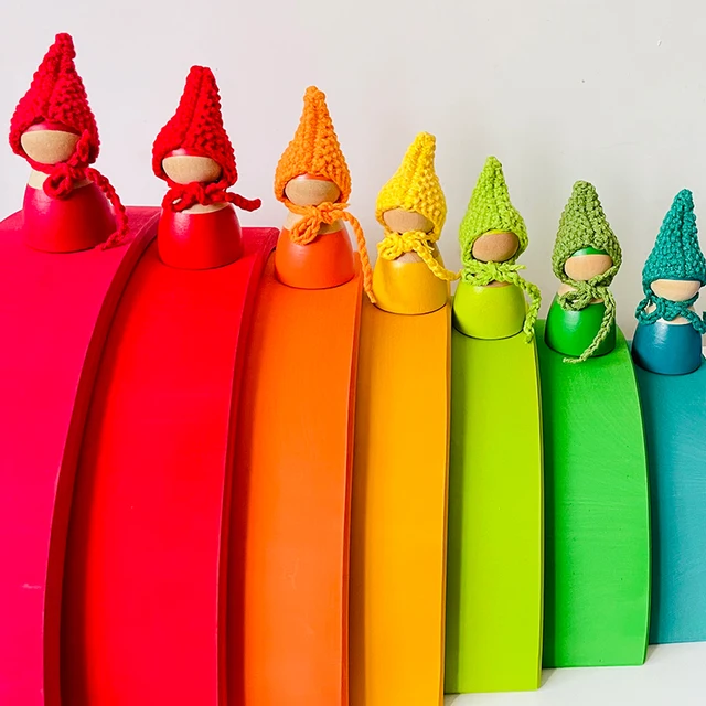 Kids Rainbow Peg Dolls with Knitting Hat Baby Pretend Play Unfinished People Figures Shape Montessori Wooden Educational Toys 3