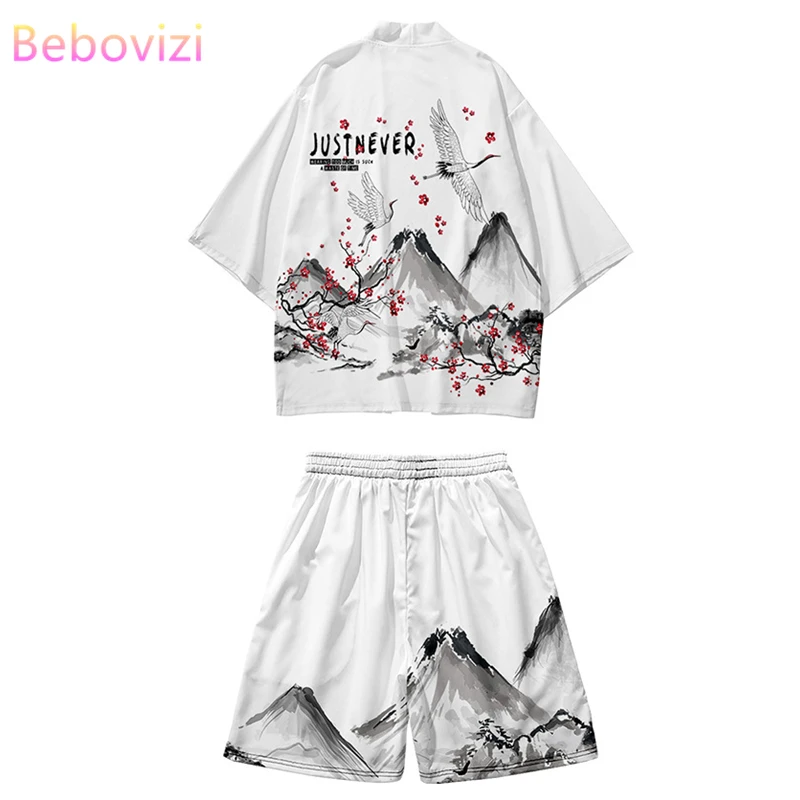 Chinese Style Crane Kimono Shorts Pants Sets Two-piece Suit Japanese Cardigan Women Men Cosplay Yukata Clothing Harajuku Haori