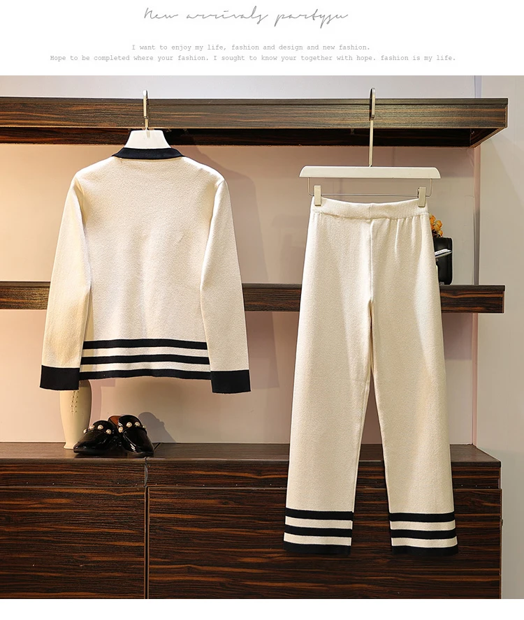 Women's striped sweater, suit, sets, knitted cardigans, trousers, set, tracksuit, bow tie, collar, sweater, top+ wide pants, 2