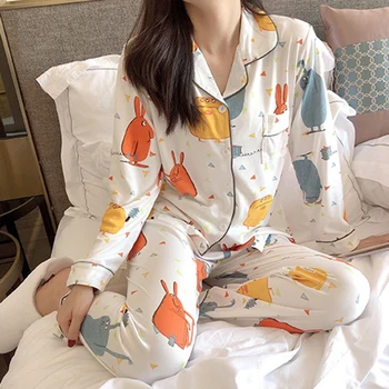 

New Women Pajamas Cartoon Fruit Print Shirt Trousers Long-sleeved Pajamas Fashion Home Service