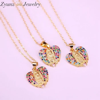 

10PCS, 11 Styles, Gold Color Virgin Jesus Religious Jewelry Rainbow / Clear Crystal Zirconia CZ Micro Pave Pendant Necklace