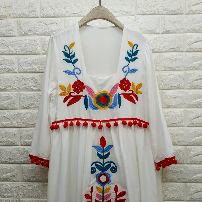 Винтажное шикарное женское пляжное богемное платье с коротким рукавом и цветочной вышивкой, женское платье-миди с квадратным воротником и поясом, богемное платье Vestidos