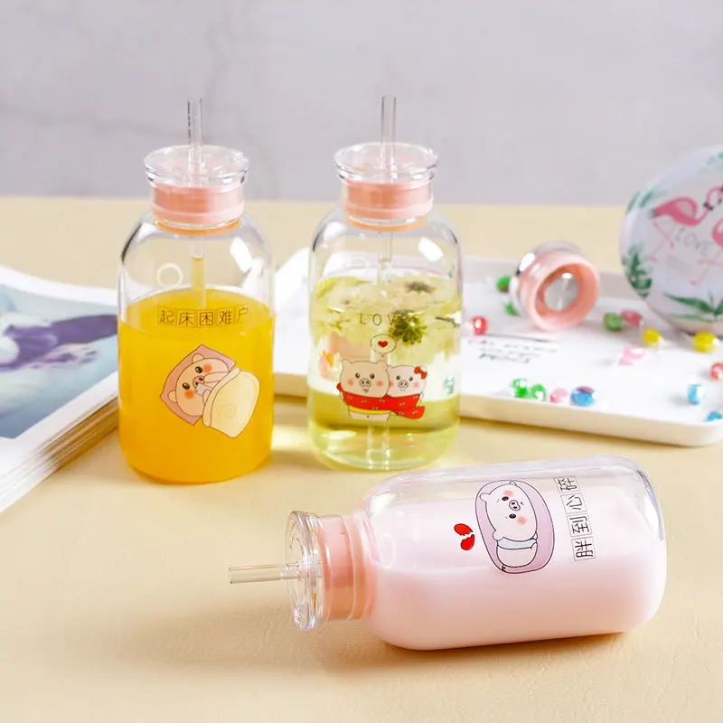 Cartoon Straw Glass Bottle Pipe Portable Pig Milk Juice Girl Double Cover Cup With Protect Bag Student Water | Дом и сад