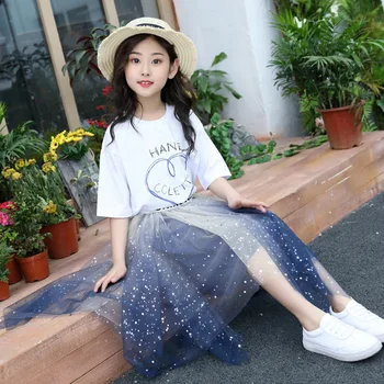 

Summer Girls Skirts Sets Children Cotton T-shirts Star Lace Skirts Teenage Princess Outfits Fashion Korean Kids Clothing Sets
